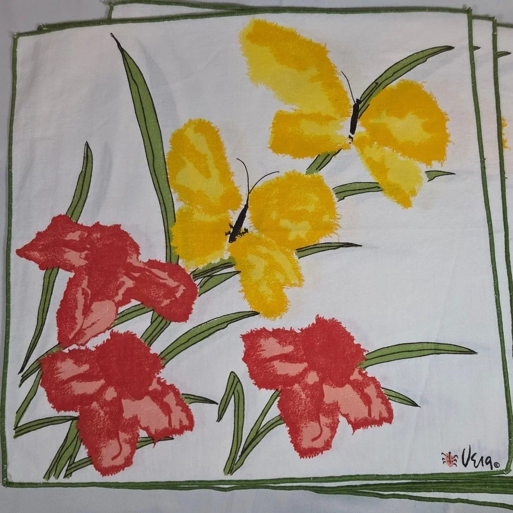 Vera Neumann Butterfly Floral White Napkins Set‎ of 7 16x16 Vintage MCM Ladybug